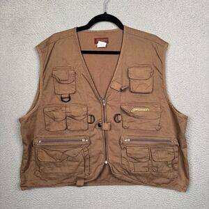 Pflueger Fly Fishing Vest Mens XXL Brown Pockets Utility Gorpcore Outdoor Rugged